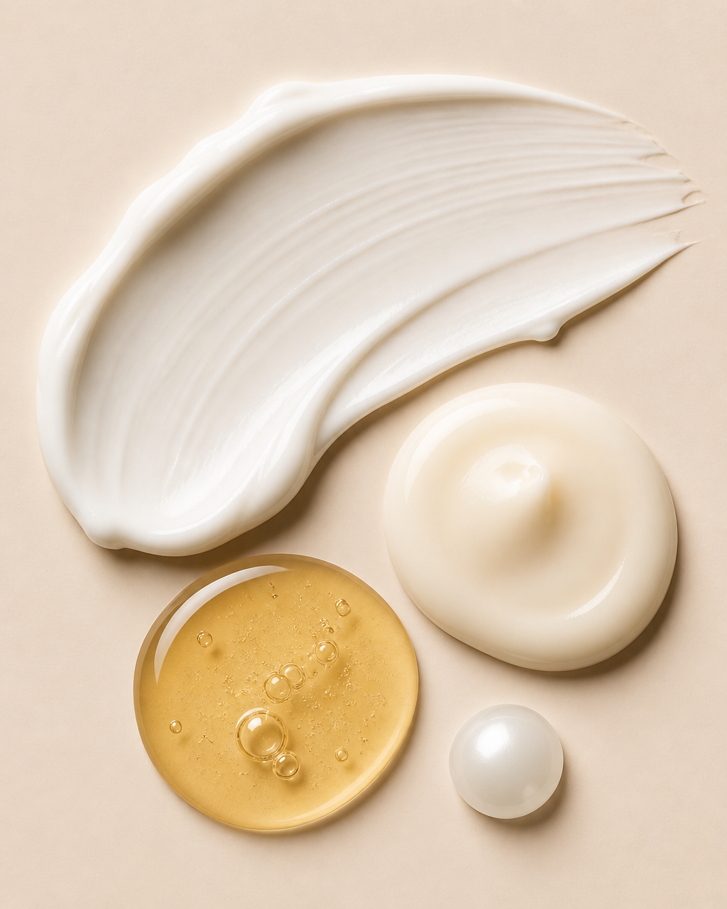 Cosmetic texture swatches — cream, lotion, serum oil, and pearl droplet — on a warm neutral background